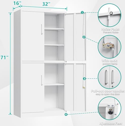 Metal Storage Cabinet with 3 Adjustable Shelves,White Storage Cabinet with Lock,71" Lockable Metal Cabinets with Locking Doors,Tall Steel Pantry Cabinets 4 Door for Home,Office,Garage,Bathroom,Kitchen - Image 3