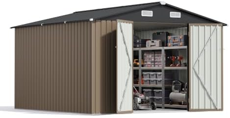 Patiowell 10x10 FT Storage Shed, Outdoor Metal Sheds, Brown - Image 6