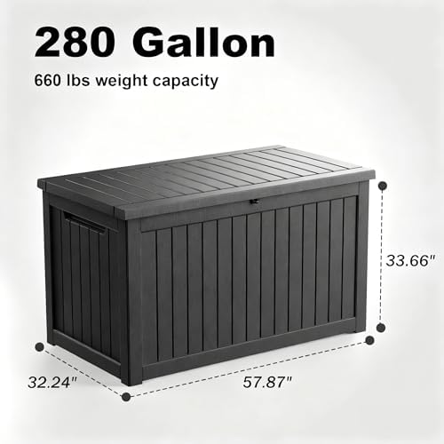 280 Gallon Waterproof Outdoor Storage Box, UV Resistant Resin Deck Box with Hydraulic Rod for Reinforced Stability, Perfect for Patio, Garden, and Pool（Black，280 Gallon） - Image 2