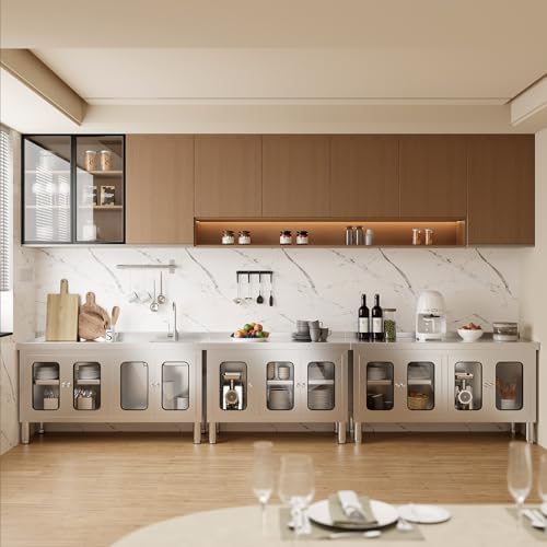 59" Stainless Steel Table Cabinet Heavy Duty Prep Table with 304 Stainless Steel Worktop and 4 Glass Doors Commercial Worktable Workbench with Storage Cabinet for Kitchen Garage Restaurant Outdoor - Image 2