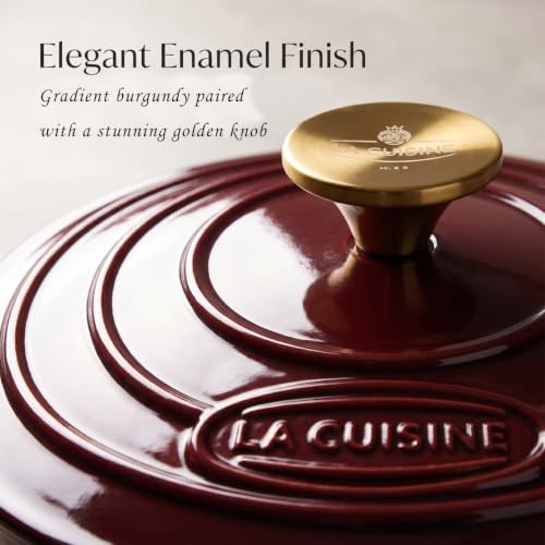 La Cuisine Enameled Cast Iron Braiser Sauté Pan Shallow Dutch Oven with Golden Knob for Lid Internal Matt Black Enamel 3.75 QT 11" / 28cm Ø Oven-Safe 550°F/276°C, Cranberry - Image 5