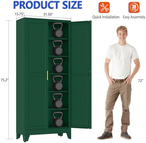 GAIOUS 75'' Tall Metal Garage Storage Cabinet,File Cabinet with Door and Adjustable Shelves, Outdoor Steel Tool Cabinet for Home,Office,Warehouse,Garage,Green - Image 2