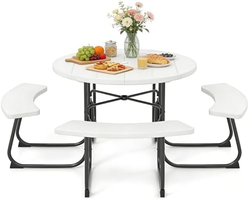 COSTWAY Round Outdoor Picnic Table with Bench Set for 4-8 People (White) by COSTWAY