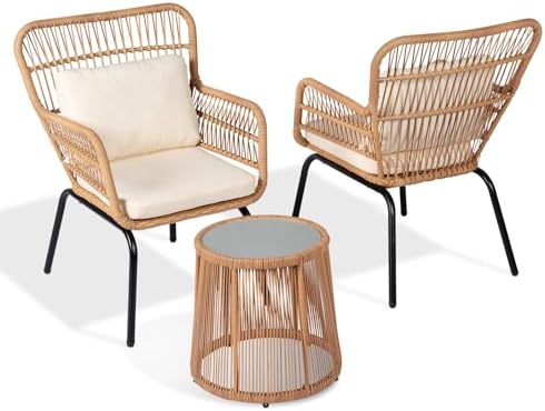 Tappio 3 Piece Outdoor Wicker Bistro Set, Patio Conversation Sets w/2 Large Rattan Chairs and Tempered Glass Table, Patio Furniture for Balcony, Porch, Poolside, Backyard, Beige - Image 7