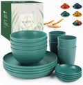 Wrova Wheat straw plates and bowls set of 16 - Unbreakable wheat straw dinnerware sets for kids - Alternative plastic dinnerware set service for 4 - Microwave safe and Dishwasher safe bowls. Green by WROVA