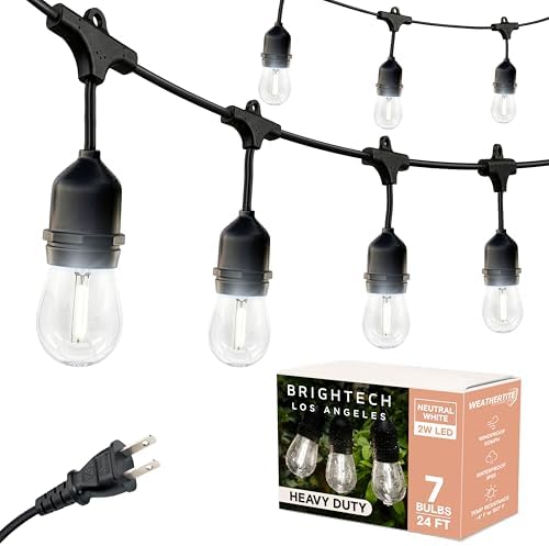 Brightech Ambience Pro - 24 Ft Waterproof LED Outdoor String Lights - Hanging, Dimmable 2W Vintage Edison Bulbs - Commercial Grade Patio Lights Create Cafe Ambience in Your Backyard, 7 Bulbs by Brightech