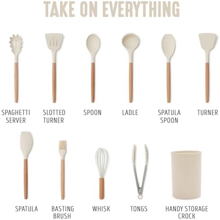 GreenLife 11 Piece Silicone Utensil Crock Set, Nonstick Kitchen Tools, Ladle, Turner, Slotted Turner, Spatula, Spoon, Spaghetti Server, Brush, Whisk, Tongs, Crock, Cream White - Image 3