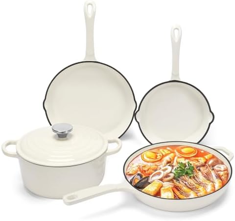 Nonstick Enameled Cast Iron Cookware Set- 3 Frying Pan and 1Piece Pots with Lid, Skillet, Heavy Duty Cookware, Dutch Oven Set for All Stovetops, Ideal for Sourdough Bread Baking,Cream White by QuliMetal