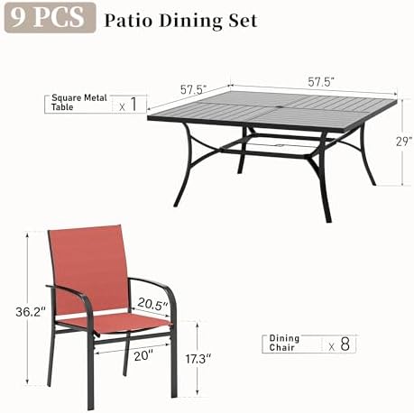 SUNSHINE VALLEY 9pc Patio Dining Set, 57.5" Square Table & 8 Red Chairs - Image 4