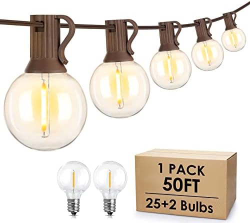 Mlambert 50Ft Outdoor String Lights, G40 Globe Patio Lights with 25+2 Waterproof LED Hanging Plastic Bulbs for Gazebo Pergola Cafe Bedroom-Brown Wire by Mlambert