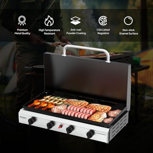 ROVSUN 4 Burner Portable Propane Griddle with Ignition & Regulator, 40,000 BTU Tabletop Flat Top Gas Grill with Enameled Tray & Lid for Outdoor Cooking Camping BBQ Tailgating Electronic - Image 5