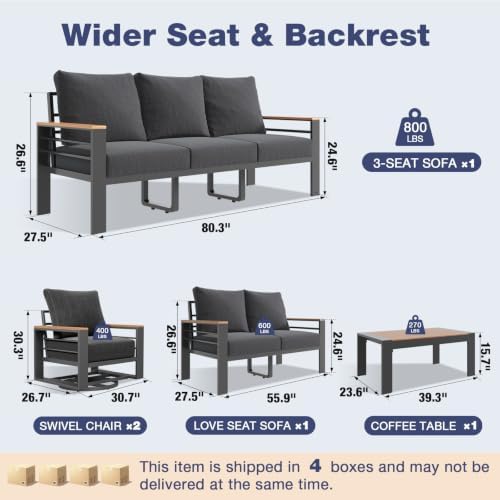 Aoxun Aluminum Patio Furniture Set 7 Seats with Swivel Chairs, Dark Grey - Image 6