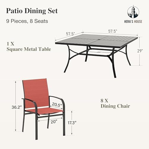 HERA'S HOUSE 9pc Outdoor Patio Dining Set for 8, Textilene Chairs, Red - Image 5