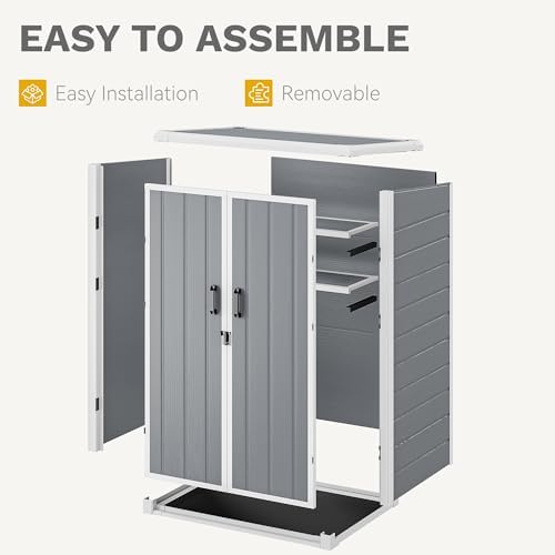 DWVO 60 Cuft Outdoor Tall Storage Shed with 2 Shelves, 5X3FT Vertical Tool Shed with Floor & Lockable Doors, Sturdy Double-Wall Plastic Cabinet for Garbage Cans and Garden Equipment (Gray) - Image 6