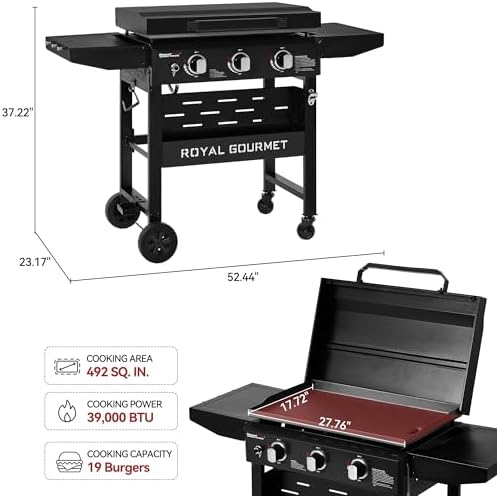Royal Gourmet 3-Burner Gas Griddle with Hood, Collapsible Side Shelves - Image 3