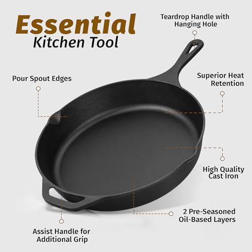 Zulay Kitchen Pre-Seasoned Cast Iron Skillet – 12.5 Inch Heavy Duty Frying Pan for Indoor & Outdoor Cooking – Oven, Stovetop, Induction, Grill & Campfire Safe - Image 2