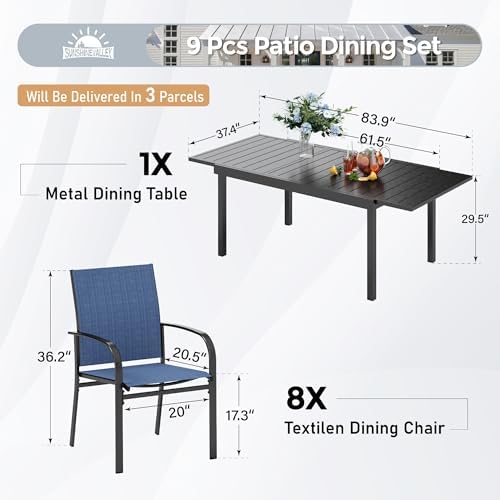SUNSHINE VALLEY 9pc Patio Dining Set, Extendable Metal Table & 8 Chairs - Image 4