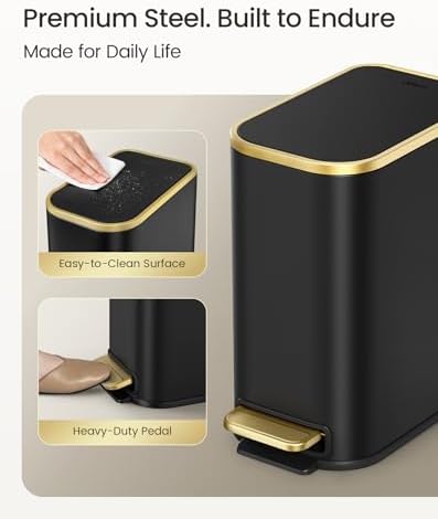 Cesun Small Bathroom Trash Can with Gold Grimmed Lid & Pedal, 1.3Gal, Black - Image 5