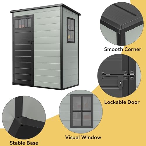 DWVO 5x3FT Outdoor Storage Shed with Fence-Style and Side Windows, Floor, Lockable Doors, Plastic Storage for Backyard and Garden, Blue-Gray - Image 4