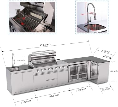 153 Inch Outdoor Kitchen Island, 96000 BTU Propane Gas Grill Combination With Refrigerator and Sink, Drawer Cabinet, Outdoor Stainless Steel Barbecue Bar, BBQ Grill for Patios, Gardens, Parties - Image 2