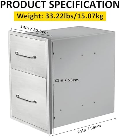 Outdoor Kitchen Drawers 14" W x 21" H x 21" D Flush Mount Double BBQ Drawers with Chrome Handle Stainless Steel Drawer for Outdoor Kitchen Island, Patio Grill Station - Image 2