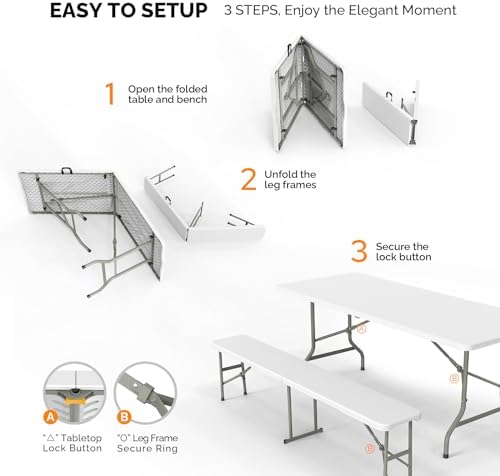 VINGLI Picnic Table Set with 2 Benches, 6 Feet Camping Table Chair Set,3-Piece Folding Furniture for Indoor or Outdoor Use, Smooth Tabletop, White - Image 2