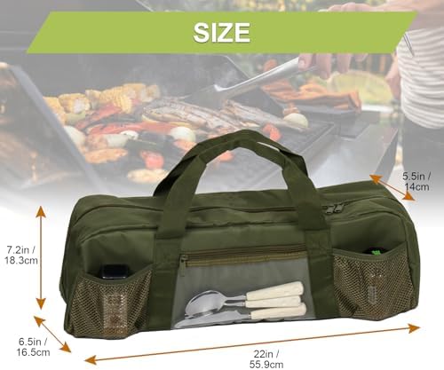22" Upgraded Grill Tools Storage Bag, BBQ Utensil Holder with Pockets, Carry Bag for Outdoor Camping & Hiking BBQ, Gift for Men, Green - Image 2