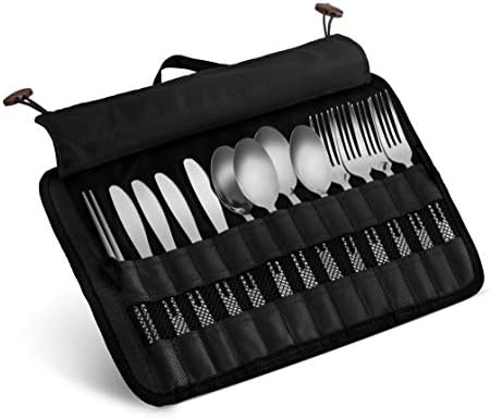 13 Piece Stainless Steel Family Cutlery Picnic Utensil Set with Travel Case for Camping | Hiking | BBQs - Includes Forks | Spoons | Knifes | Chopstick, Plus Nylon Commuter Case (Black) by Wealers