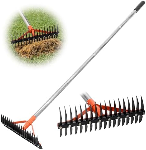 62.5 Inch Thatch Rake for Lawns 18 Sharp Tempered Spring Steel Tines by CKLT