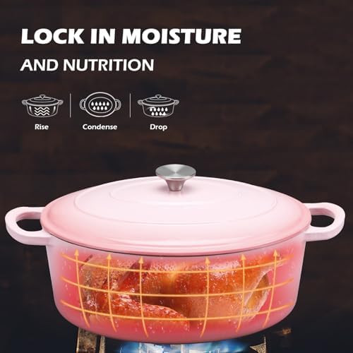 Leonyo 7-Quart Enameled Cast Iron Oval Dutch Oven Pot with Lid, Pink - Image 4