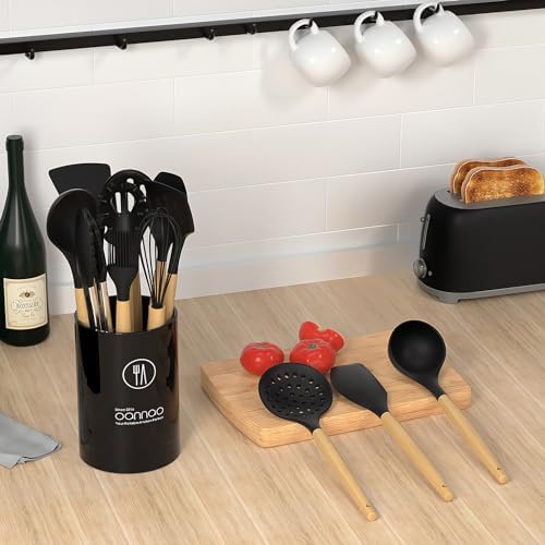 oannao Silicone Cooking Utensils Set Utensil Sets - 446°F Heat Resistant Silicone Kitchen Utensils Set Wooden Handles, Silicone Utensils for Cooking w Holder for Non-Stick Cookware BPA FREE (Black) - Image 4