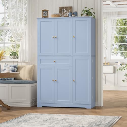 HOSTACK 68"H Kitchen Pantry Storage Cabinet with Door & Shelves, Light Blue - Image 2