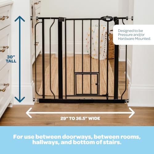 Carlson 29–36.5” Extra Wide Dog Gate with Small Pet Door, Walk-Through Pressure Mounted Metal Indoor Pet Safety Gate, Black, Tested and Trusted by Pet Parents, American Designed, American Owned - Image 2