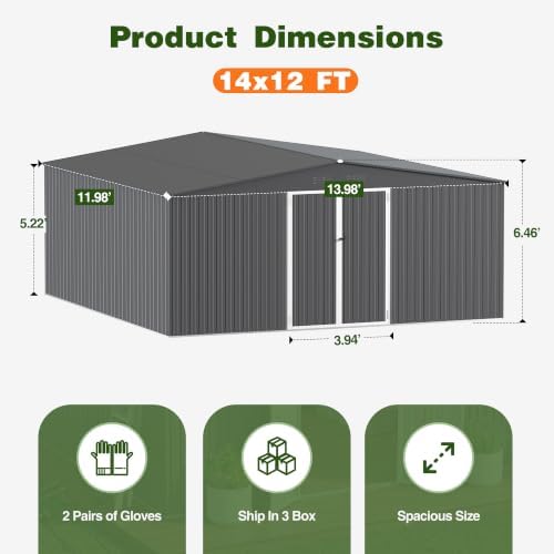14 x 12 FT Outdoor Storage Shed, Heavy-Duty Galvanized Steel Tool Shed with Reinforced Frame, Lockable Double Door & Side Vents for Backyard Large Equipment,Dark Gray - Image 2