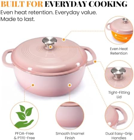 NEWBULIG Enamel Cast Iron Dutch Oven, 6 Quart Pot with Lid, Pink - Image 4