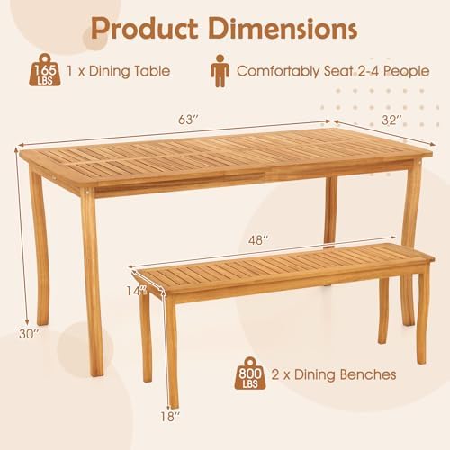 HAPPYGRILL 3 Pieces Acacia Wood Patio Dining Set, Outdoor Table Bench Set with 1.97” Umbrella Hole, Outside Furniture Set for Poolside Backyard Garden Deck - Image 7