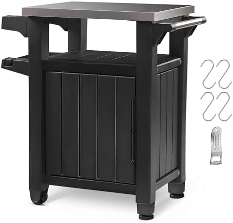 Keter Unity Small 40 Gallon Grill Prep Table and Storage Cart, Grey – BBQ Station with Wheels and Stainless Steel Top, Portable Serving Stand for Patio, Deck, and Backyard by Unknown