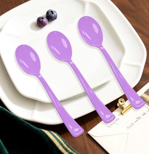 SietDESEO 50 PCS Light Purple Plastic Spoons Disposable Utensils Heavy Duty Purple Spoons Disposable Cutlery for Birthday Wedding Baby Shower Bridal Shower Plastic Silverware - Image 2
