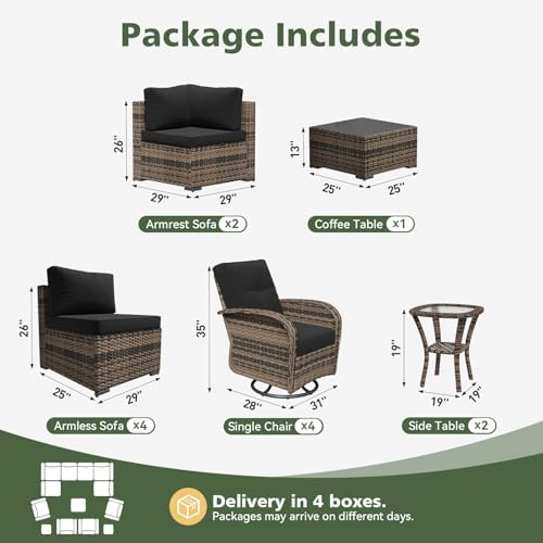 Aoxun 13 Piece Outdoor Patio Furniture Set with Coffee Table, Wicker Rattan Outdoor Furniture with High Back Swivel Rocker Chairs, Outdoor Conversation Set with Thick Cushion & Side Table, Black - Image 2