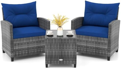 KOTEK 3 Piece Patio Furniture Set, Outdoor PE Rattan Conversation Set with Washable Cushions & Tempered Glass Tabletop, Wicker Chairs and Table Set for Porch, Garden, Balcony (Navy) by KOTEK