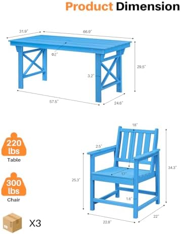 7 Pieces HDPE Outdoor Dining Set, Patio Dining Set with Umbrella Hole, All Weather Outdoor Dining Table Sets for 6, HDPE Patio Furniture Sets for Deck, Backyard, Lawn, and Poolside, Sky Blue - Image 3