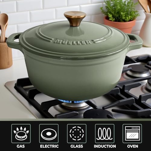 MUELLER HOME 4.5 Quart Enameled Cast Iron Dutch Oven For Sourdough Bread Baking, Heavy-Duty, Oven-Safe up to 500° F & Across All Cooktops, Casserole Dishes, Green Kitchen Accessories, Thyme Green - Image 4