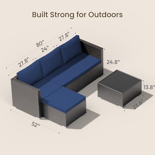 Patio Furniture Set - All-Weather -5 Piece Outdoor Patio Conversation Couch Sets, Modular Wicker Rattan Sectional Sofa for Garden, Patio, Poolside, Backyard, Balcony, Porch,Navy Blue - Image 4