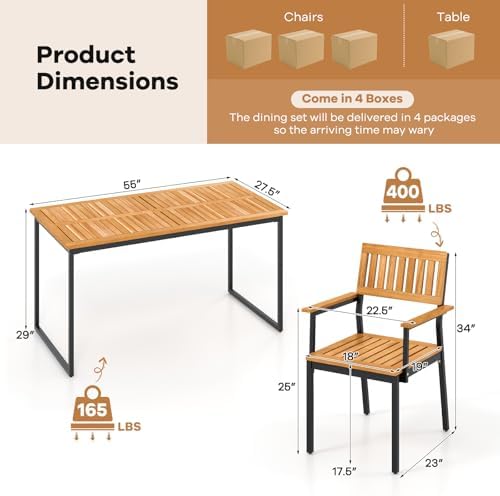 Tangkula 7 Piece Outdoor Dining Set for 6, Acacia Wood Rectangular Dining Table & 6 Armchairs w/Metal Frame, Umbrella Hole, Farmhouse Dining Furniture Set for Garden Porch Poolside Yard - Image 5