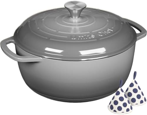 Enameled Cast Iron Dutch Oven - Umite Chef 6QT Pot with Lid & Cotton Potholders - Dual Handles -Versatile Heavy Duty Cookware for Bread Baking, Braising, Stews, Roasting(Grey） by UmiteChef