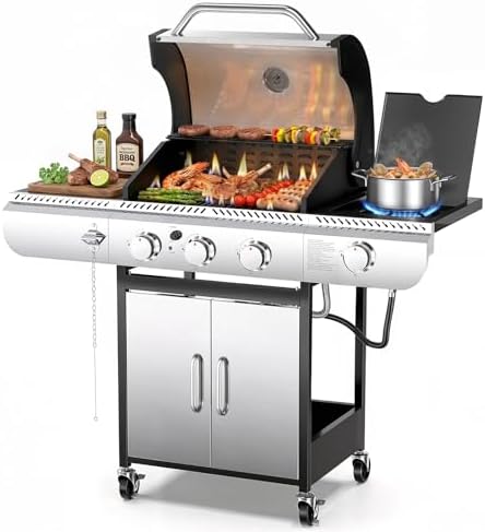 COWSAR 3 Burner Gas Grill, 34,000 BTU Stainless Steel BBQ Grill with Side Burner, Porcelain-Enameled Cast Iron Grates, Pull-Out Grease Tray for Patio, Backyard & Outdoor Cooking by COWSAR