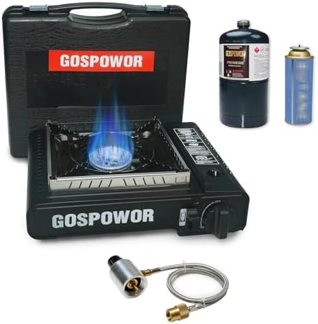 Propane or Butane Stove with Windblocker, 10,000 BTU Dual Fuel Camp Stove, Automatic Ignition Gas Portable Stove with Propane Adapter Hose Carrying Case for Outdoor (Fuel Not Included) by Gospowor