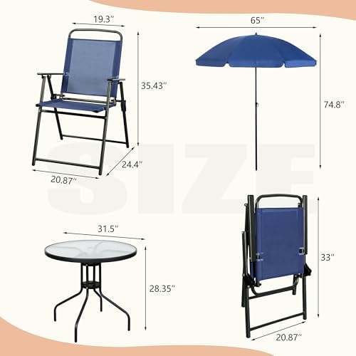 Vongrasig 6 Pieces Folding Patio Dining Set, All Weather Small Metal Outdoor Table and Chair Set, Garden Patio Furniture Set w/Umbrella, Glass Table & 4 Folding Chairs for Lawn, Backyard, Blue - Image 5