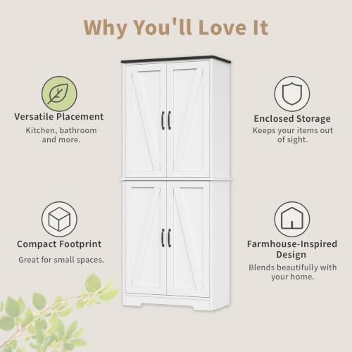59" H Storage Cabinet, Kitchen Farmhouse Pantry Cabinet with 4 Doors, White - Image 6
