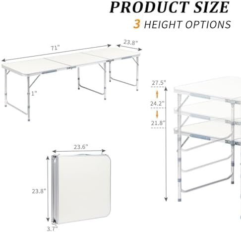 6.0 Ft Folding Portable Camping Table, White - Image 3